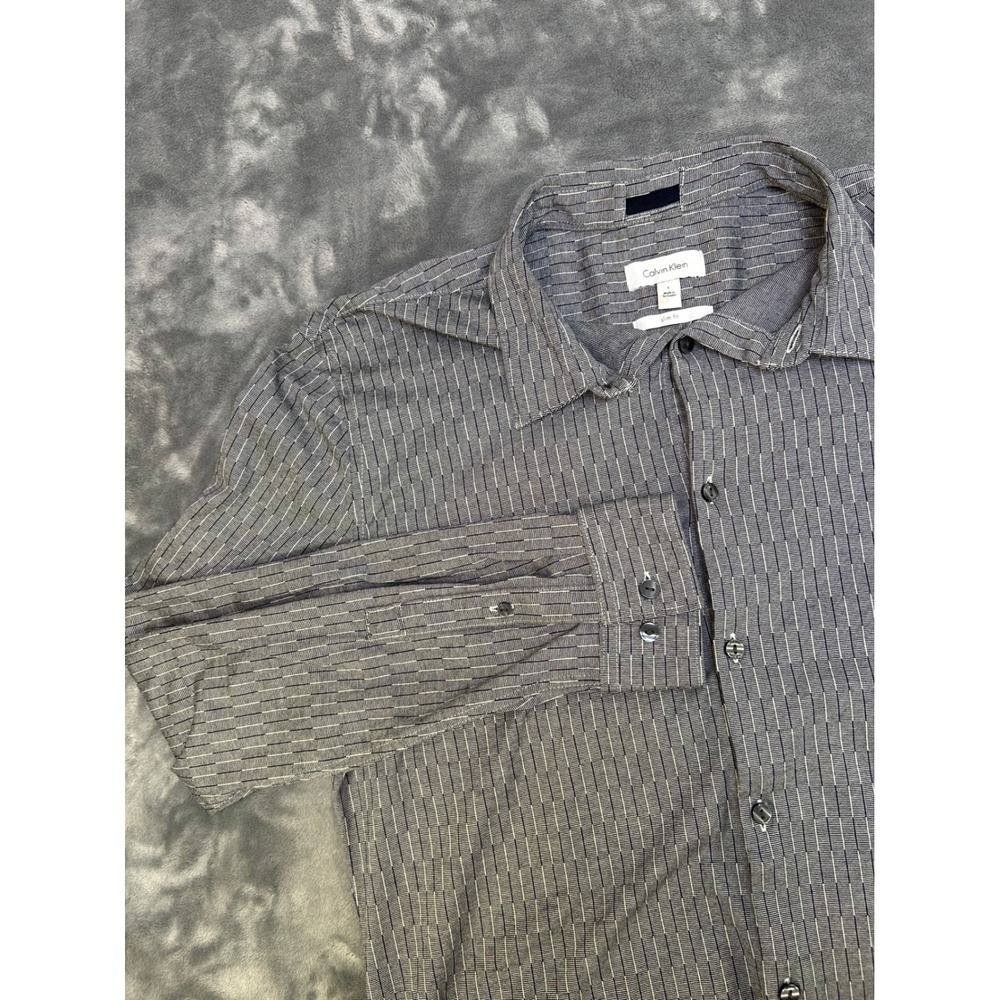 Calvin Klein Mens Slim Fit Button Down Shirt Grey Textured Grid Cotton Large